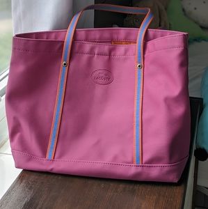 Lacoste shoulder tote, small size, pink and multi color strap